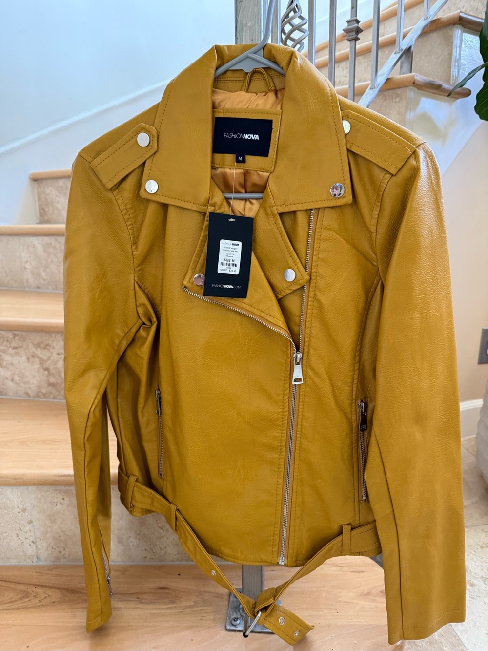 Fashion Nova Araxie Mustard Yellow Vegan Leather Moto Jacket